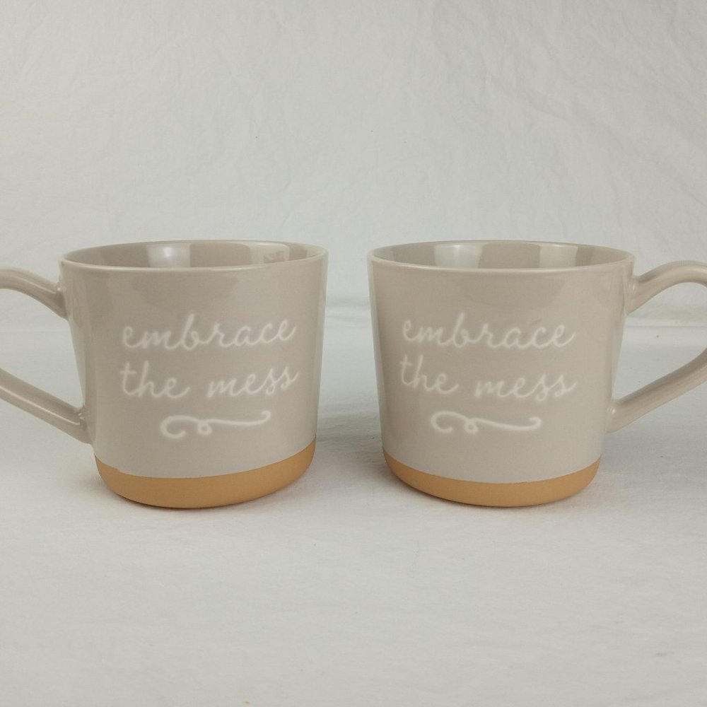 New Pair of 2 Threshhold EMBRACE THE MESS Stoneware Cups Mugs 15 OZ Beige